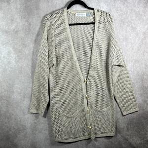 Robert Scott Cardigan Sweater Women Medium Beige Linen Blend Open Knit Fisherman